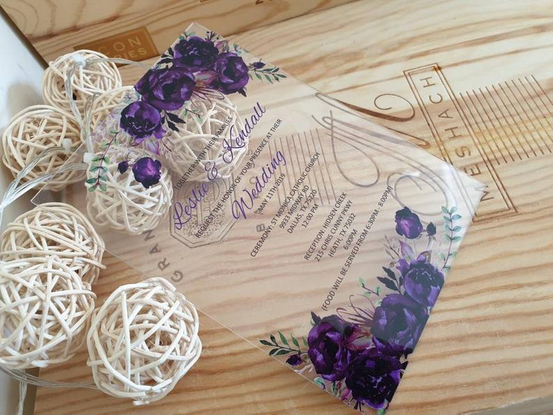 Acrylic transparent wedding invites in Australia with custom purple flowers