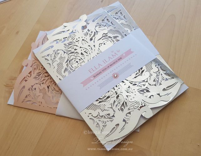 christening baptism 1st year foil silver and blush pink invitation. baby girl birthday invites