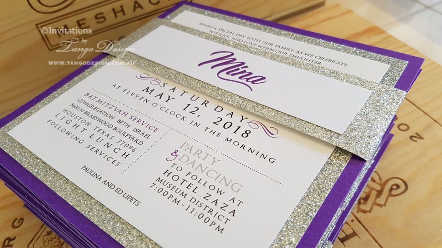 bat mitzvah purple and silver glitter invitation. 13th girl birthday invites