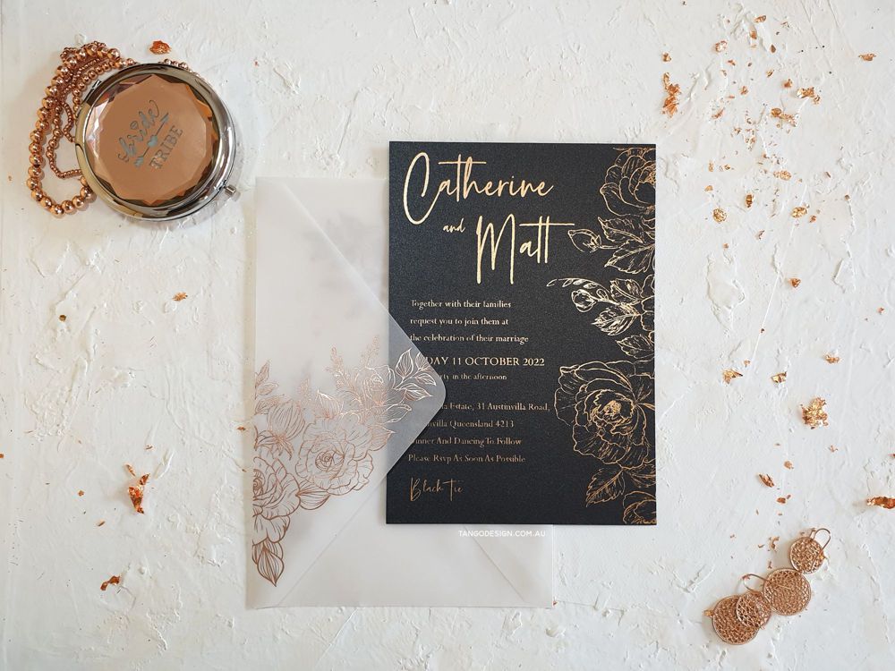 vellum invitations Perth. Black and gold floral invites. Modern typography