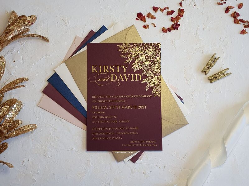 wedding invitations adelaide gold foil tango design burgundy floral