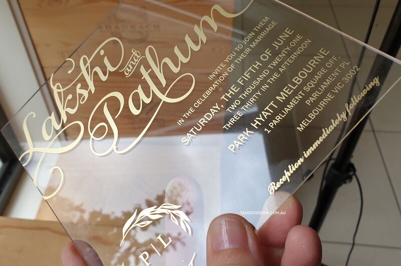 Wedding invitations Melbourne. Acrylic Design.  Gold wedding invites, for elegant wedding theme Melbourne Hyatt
