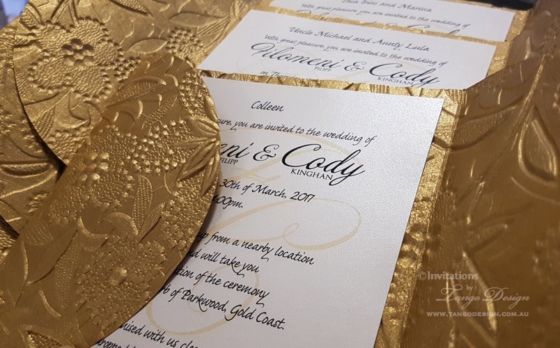 Embossed Ivory Gold Wedding Invitation, Floral Wedding Invitation